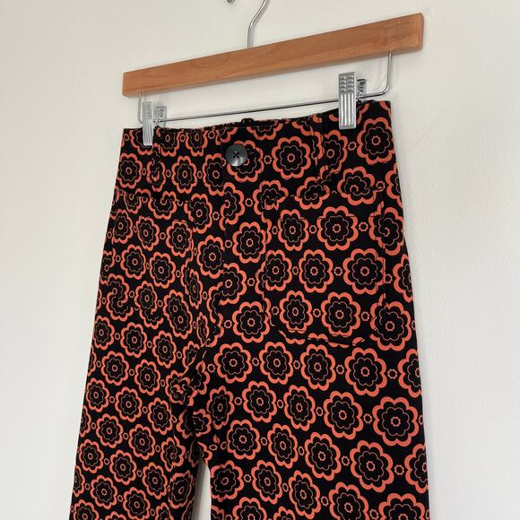 Anthropologie Maeve The Colette Crop Wide Leg Ponte Pants in Black Motif Orange - Picture 5 of 12